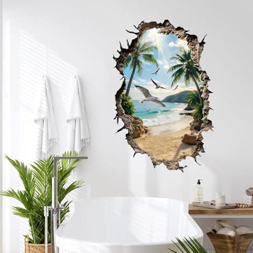 Image of ANHUIB Breakthrough 3D Wall Sticker Seaside Landscape Wall Decals Seagull Beach Wall Stickers Sea View Wall Art for Living Room Mural Decal for Bedroom Bathroom Decor Removable Seascape Decals 40×60cm