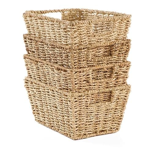 Image of Gatarn Seagrass Storage Baskets | Set of 4 Handwoven Natural Baskets with Handles | Nesting Shelf Organisers for Bathroom, Bedroom, Kitchen & Home Office