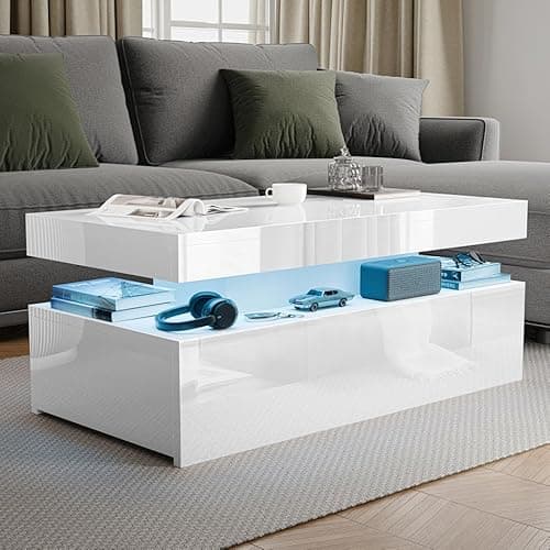 Image of Blisswood High Gloss Coffee Table for Living Room, Rectangle Centre Table with 2 Drawer Storage, Modern Wooden Tea Table with LED RGB Lights for Home, Office & Living Room Furniture - White