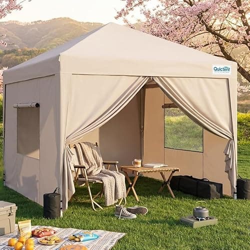 Image of Quictent 3x3m Pop Up Gazebo with Mesh Window Sides, Adjustable Height Event Shelter, Portable Waterproof Canopy Tent for Garden Party, Camping, Beige