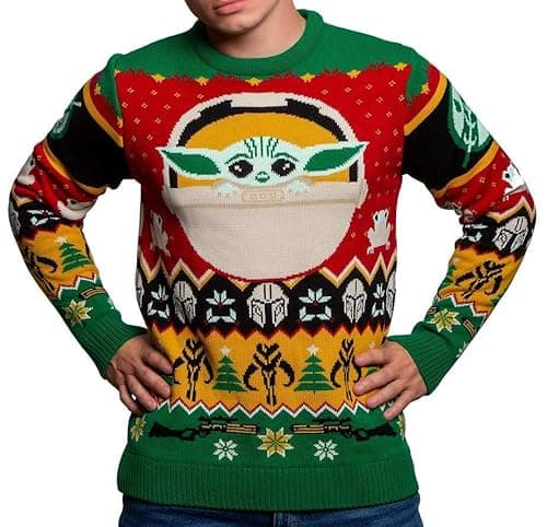 Image of Baby Yoda Grogu Knitted Christmas Jumper Unisex for Men or Women - Ugly Sweater Star Wars Mandalorian Gift (Size: S)