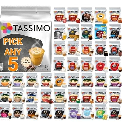 Image of Tassimo Coffee, Tea, Chocolate Pods. Pick Any 5 Packs from 50+ Blends Including Kenco, Costa, Jacobs, Hot Chocolate, Chai latte, Baileys, Cadbury, Milka, Cafe Hag and More.