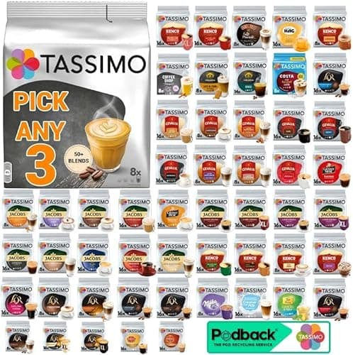 Image of Tassimo Coffee, Tea, Chocolate Pods. Pick Any 3 Packs from 50+ Blends Including Kenco, Costa, L'or, Jacobs, Hot Chocolate, Chai latte, Baileys, Milka, Oreo, Cafe Hag and More.