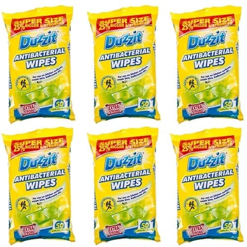 Image of 6 x 50 Pack Duzzit Anti Bacterial Wipes Safe For Kitchen Surfaces, Bins And Bathrooms