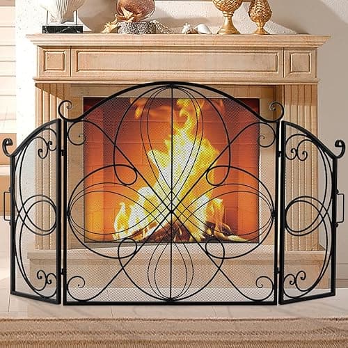 Image of GiantexUK 3-Panel Folding Fire Guard, 151 x 83cm Heavy Duty Metal Mesh Fireplace Screen, Decorative Freestanding Spark Guard Safety Barrier for Child Baby Pet Open Fire, Black