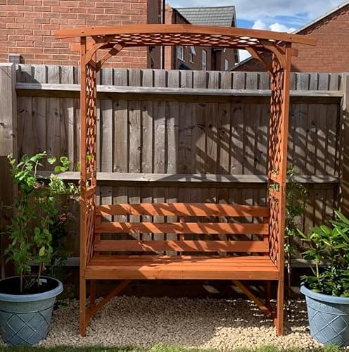 Image of Wooden Garden Arbour Bench Seat Trellis Rustic Outdoor Patio Backyard Arched 2 Seater Loveseat Plant Pergola Arch Lawn Climbing Plants Canopy