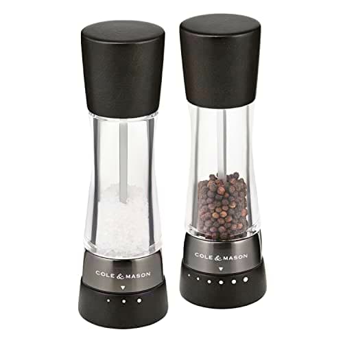 Image of Cole & Mason Derwent Black Wood Salt and Pepper Mills, Gourmet Precision+, Adjustable Grind, Stained Beech/Acrylic, 190 mm, Gift Set, Includes 2 x Salt and Pepper Grinders