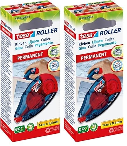 Image of tesa Roller Permanent Gluing ecoLogo - Refillable Glue Roller with Tear-Resistant Tape & Double-Sided Adhesive Film - Solvent-Free - 14 m x 8.4 mm (Pack of 2)