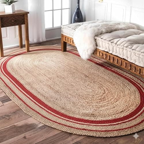 Image of Aizza Trends Handwoven Handmade Braided 4x6 Feet Oval Natural Jute Rug with Red Border – Handmade | Long-Lasting Area Rug for Living Room | Bedroom & Entryway