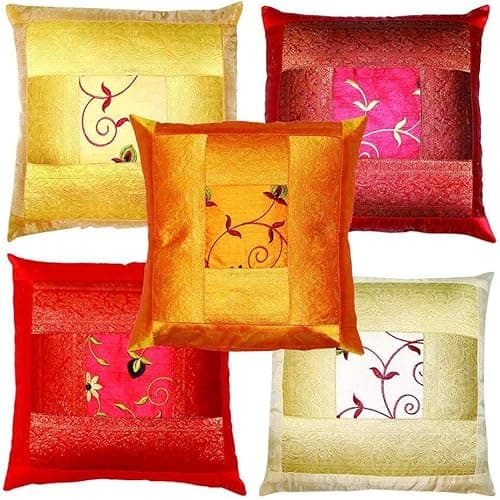 Image of A1Sonic Quality for less Decorative Silk Cushion Covers, Indian Ethnic Embroidered, 40 x 40 cm, Set of 5, Red Orange Gold