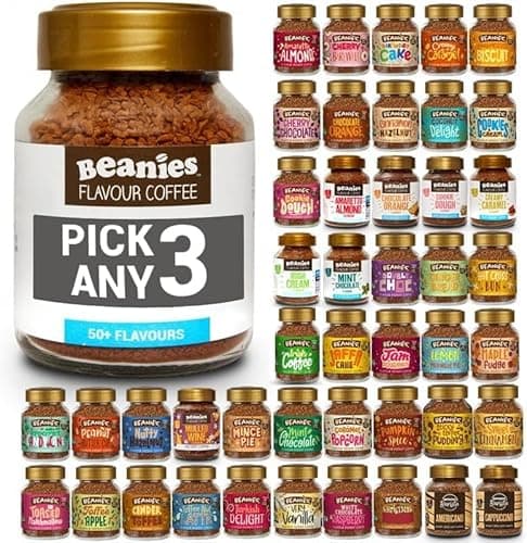 Image of Beanies Flavoured Instant Coffee PICK ANY 3 Jars (50g) from 50+ Flavours (Blends, Barista, Decaf) Inc. Turkish Delight, Chocolate Orange, Chai Latte, Cookie Dough, Hazelnut, Caramel, Vanilla and More!