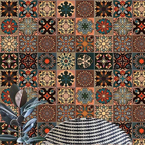 Image of 20pcs Moroccan Style Tile Stickers, Brown Kitchen Bathroom Wall Tile Stickers Peel and Stick on Tile Transfers Covers Decals Self Adhesive Vinyl Waterproof Vintage Mosaic Art (15cm x 15cm, 6x6 inches)