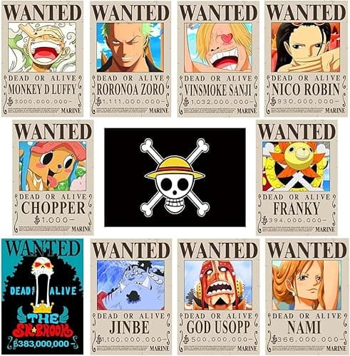 Image of CBKSUHBADE 15in×11in Anime One Piece Wanted Bounty Posters, New Edition, 10 Straw Hat Pirates Crew Zoro, Sanji, Luffy, a Set of 11PCS