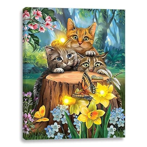 Image of alottagifts Cats Butterfly Fun Lighted Canvas Wall Art Print With Timer | LED Canvas Wall Art Print Designs | Modern Artwork for Living Room Decor Gift (Cats Butterfly Fun, 12" x 16")