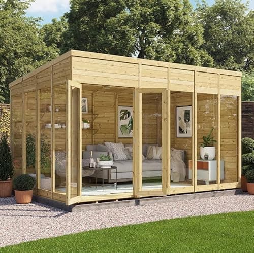 Image of BillyOh Switch 12x8 Pent Log Cabin Summer House, Pressure-Treated Wooden Garden Shed with Floor-to-Ceiling Windows, Double Doors & Pent Roof, 11mm Tongue & Groove Garden Room, Outdoor Office & Studio