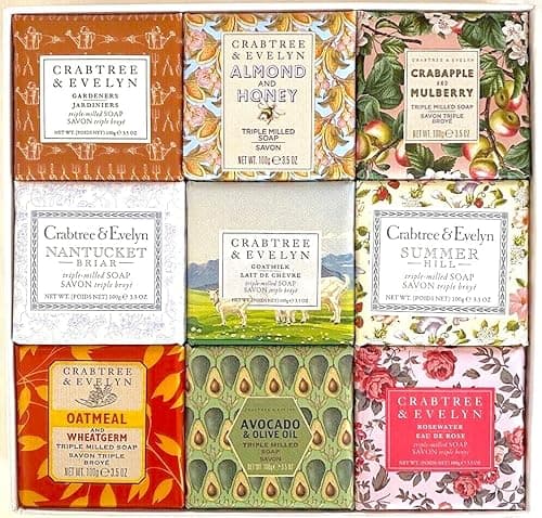 Image of Crabtree & Evelyn 9 Classic Embroidery Soaps 3.5 oz Each (Gardeners, Summer Hill, Nantucket, Avocado, Almond Milk)