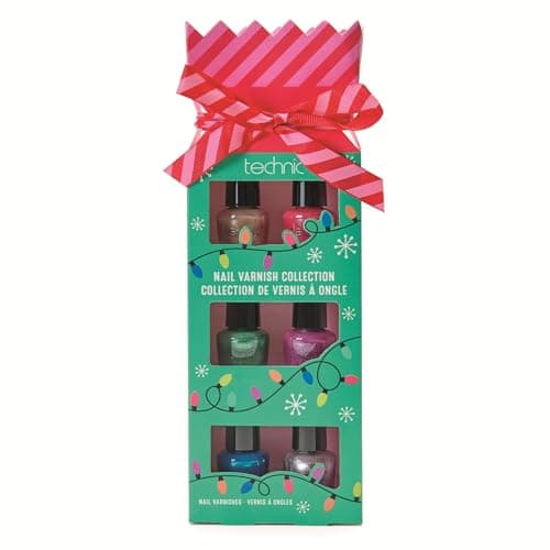 Image of Christmas Nail Varnish Gift Set – 6 x 3.5ml Vegan Nail Polishes in Festive Cracker Box – Metallic & Shimmer Colours Gold Pink Green Red Blue Silver – Stocking Filler & Secret Santa Present