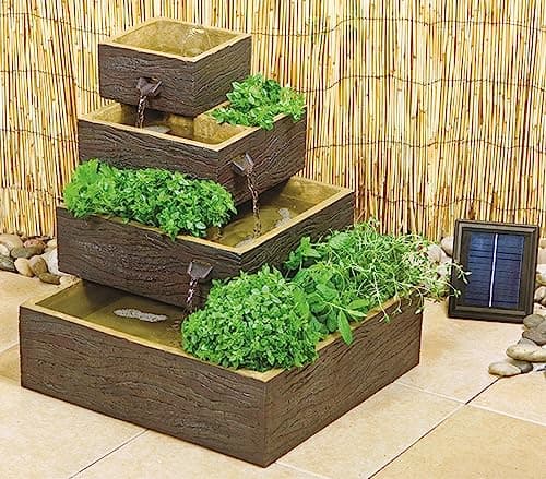 Image of Primrose 42cm Solar Powered Wood Effect 4 Tier Cascading Outdoor Water Feature & Herb Planter