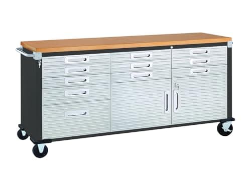 Image of Seville Classics UltraHD Heavy Duty Rolling Cabinet Workbench Table w/Solid Wood Top, Workstation for Garage, Warehouse, Office, Workshop, 77" W x 20" D x 37.5" H, Graphite, 11-Drawer