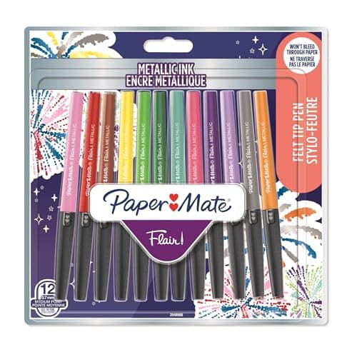 Image of Paper Mate Flair Metallic Glitter Felt Tip Pens | Medium Point 1.0mm | Pack of 12 | Assorted Glittery Shiny Colours