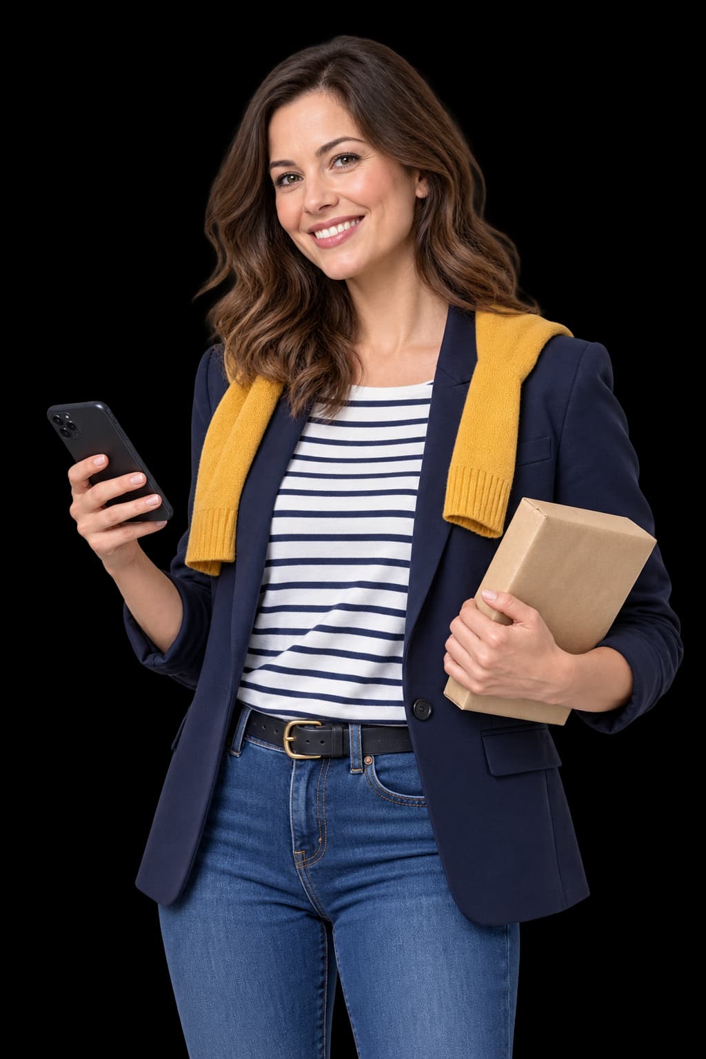 A shopper holding a phone and parcel