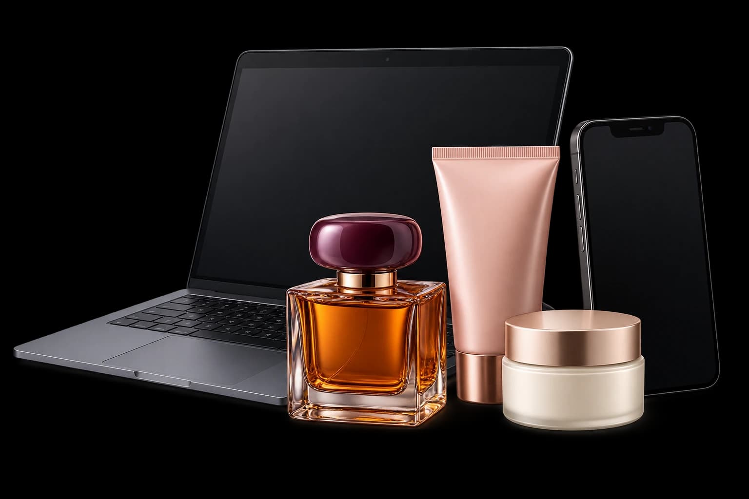 A laptop, phone, fragrance and beauty products