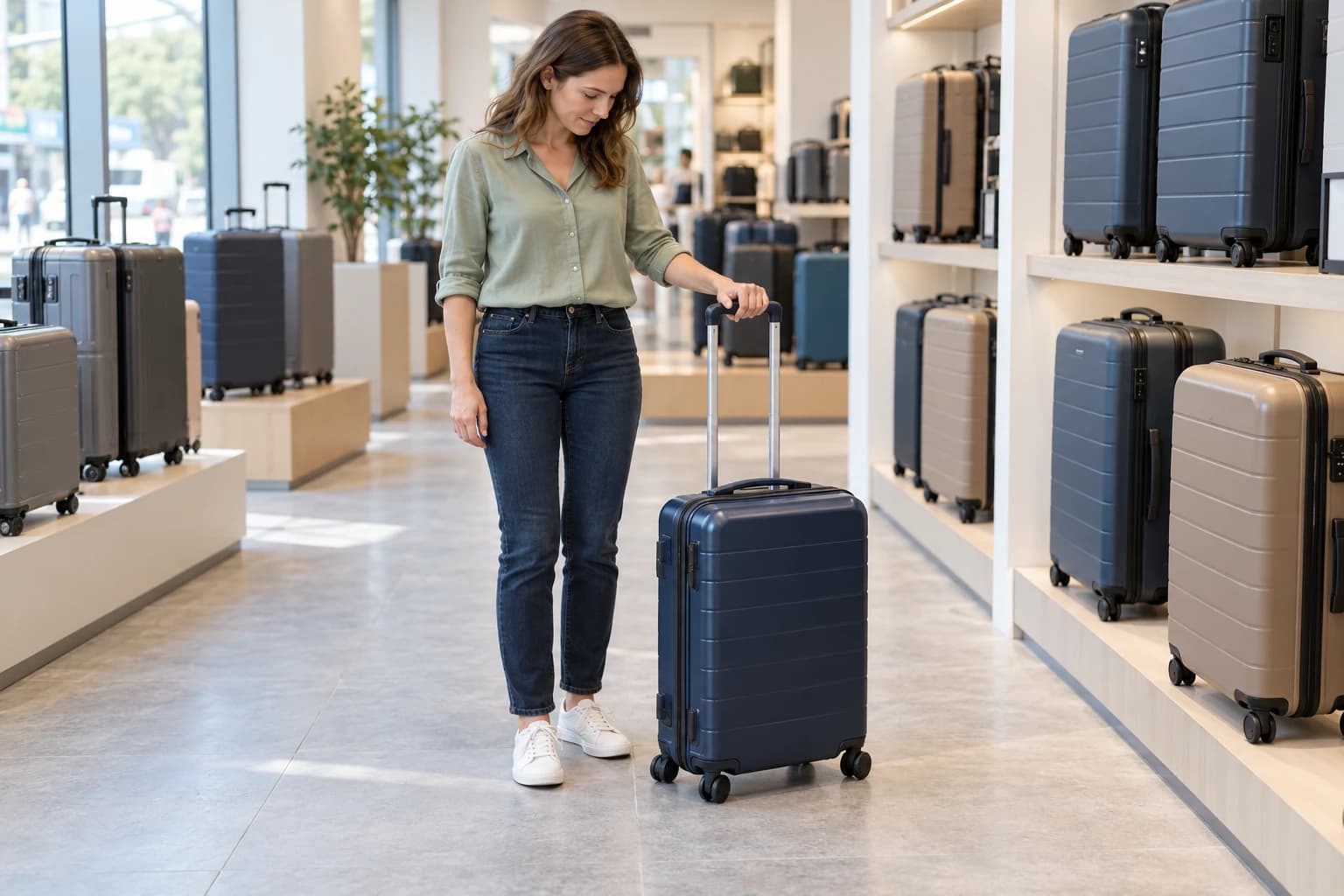 A shopper testing a suitcase handle in a luggage shop