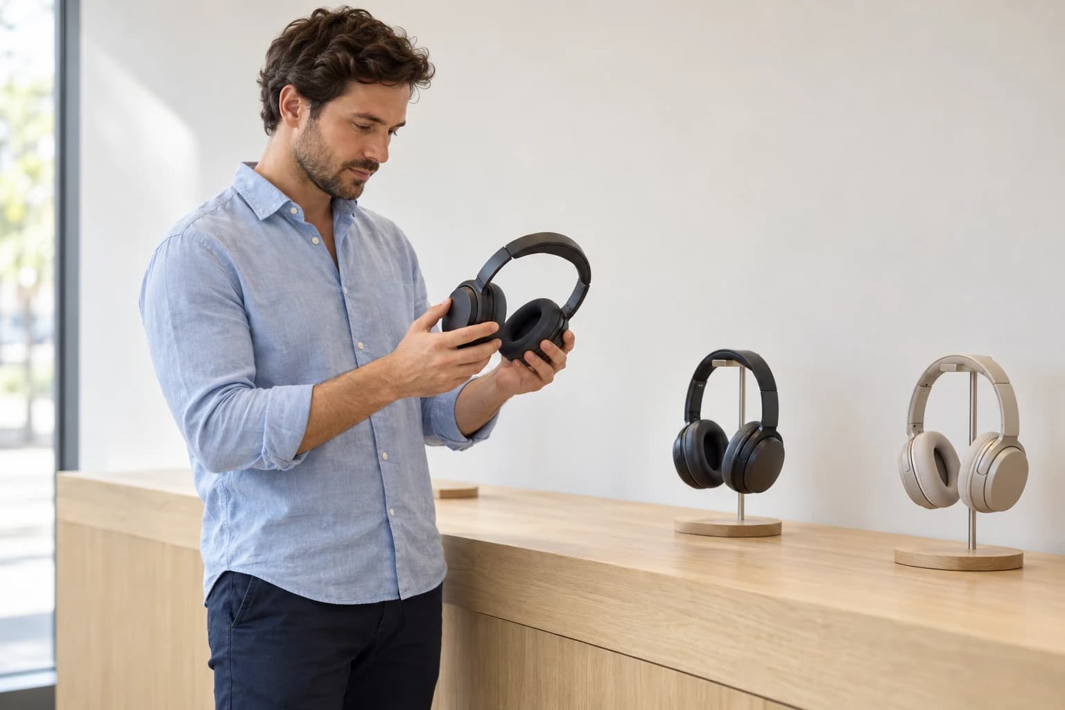 A shopper examining headphones at a simple audio-shop display