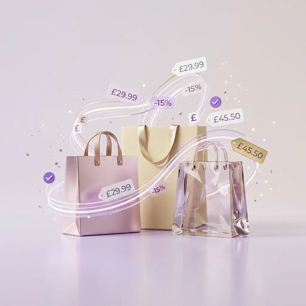 Shopping bags with floating price tags, discount labels and check marks on a soft background.
