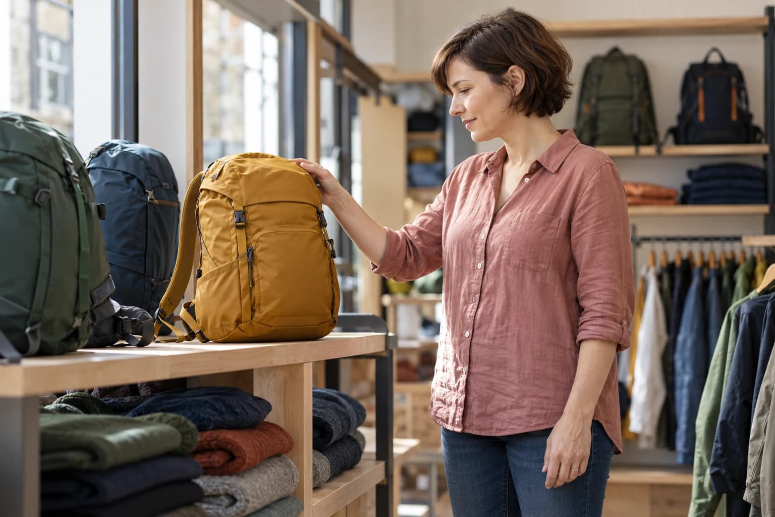 A shopper considering an ochre backpack in a bright shop