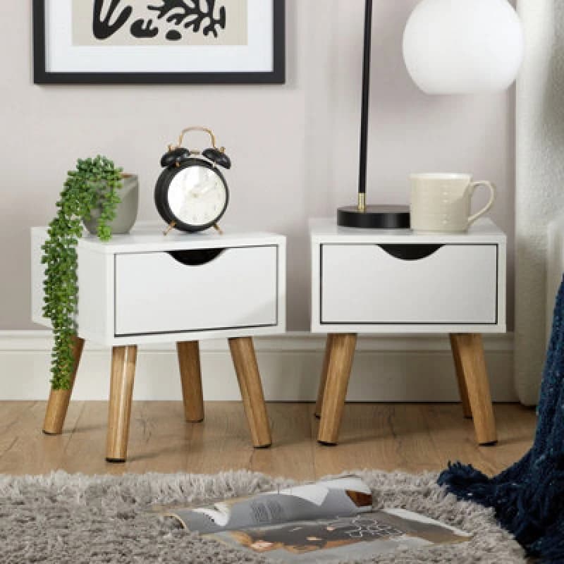 Home Source Boden Pair Of 1 Drawer White Bedside Table Storage Units