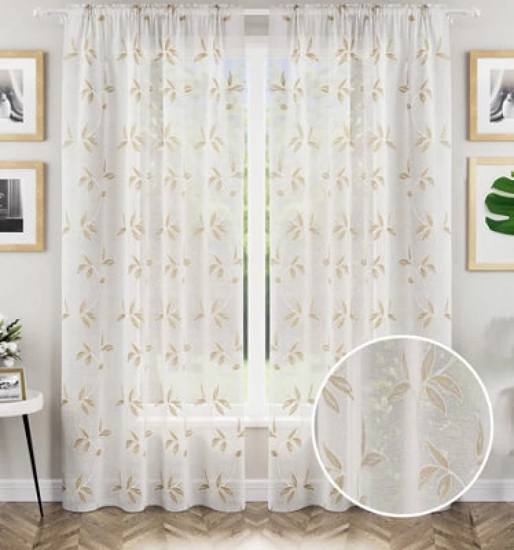 Tyrone Textiles Oasis Embroidered Leaf Design Voile Panels - Pair Natural