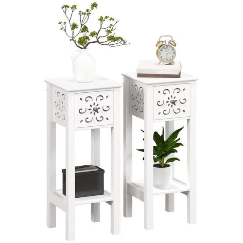 HOMCOM Bedside Table Set, End Table Set with Drawer and Storage Shelf, White White