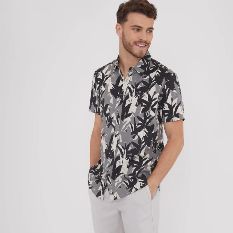 Threadbare Leaf Print Short Sleeve Shirt Black male L