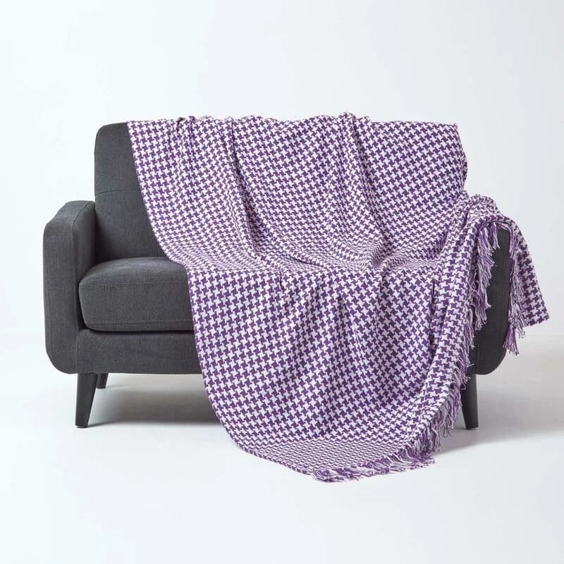Homescapes Houndstooth 100% Cotton Bedspread Throw Purple