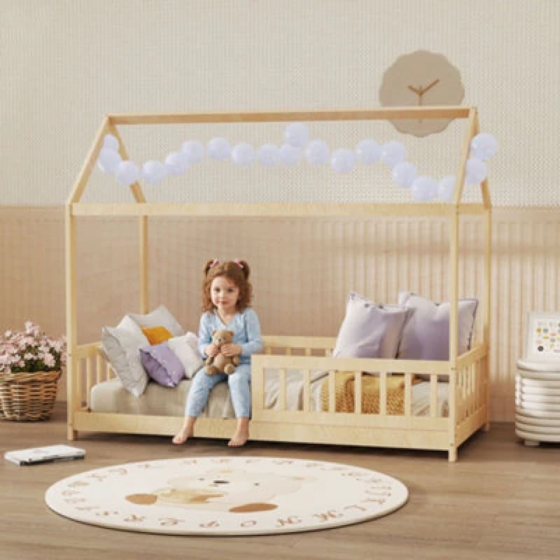 Homcom House-Shaped Kids Bed Frame Solid Pine Wood With Guard Rails, Natural