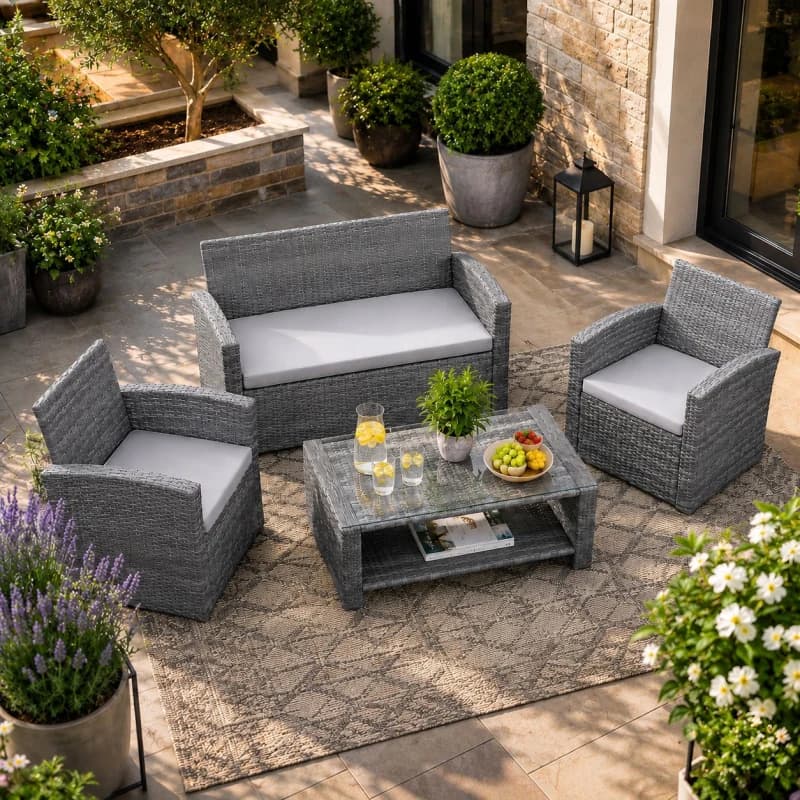 Shatchi 4 Seater Rattan Garden Furniture Set - 2 Chairs, Loveseat Sofa, Coffee Table Outdoor Patio Set in Grey Grey Unisex