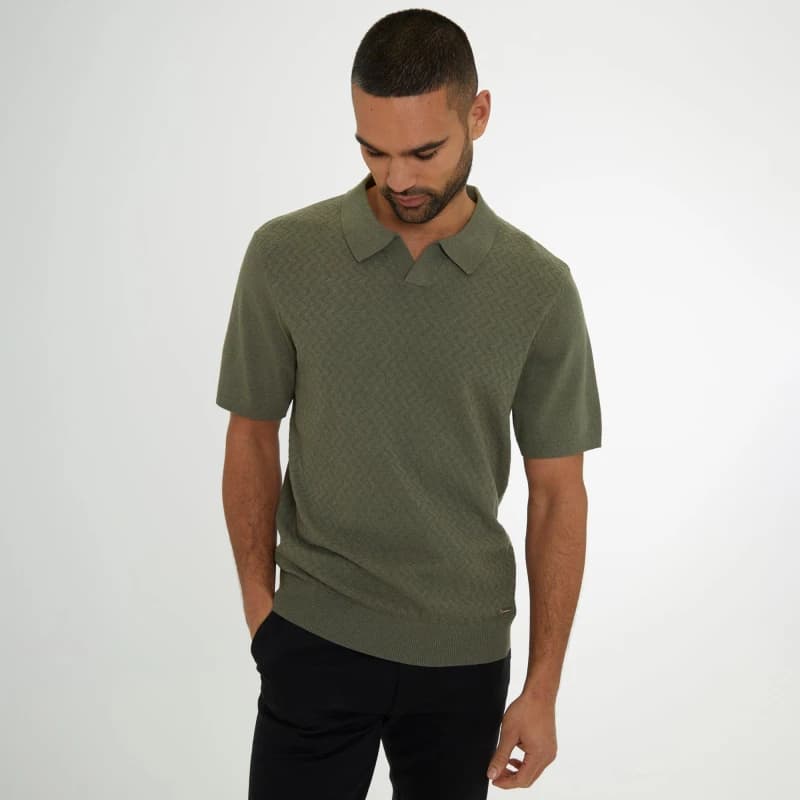 Threadbare Textured Front Short Sleeve Trophy Neck Knitted Polo Dark Olive