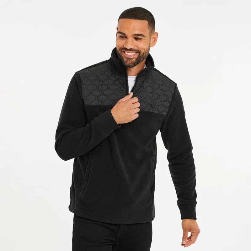 Threadbare 'Pedro' Quarter Zip Quilted Fleece Jumper Black