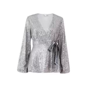 Yumi Silver Sequin Wrap Top - Silver