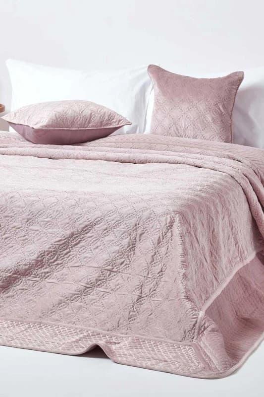Homescapes Luxury Quilted Velvet Bedspread Geometric Pattern Throw Pink