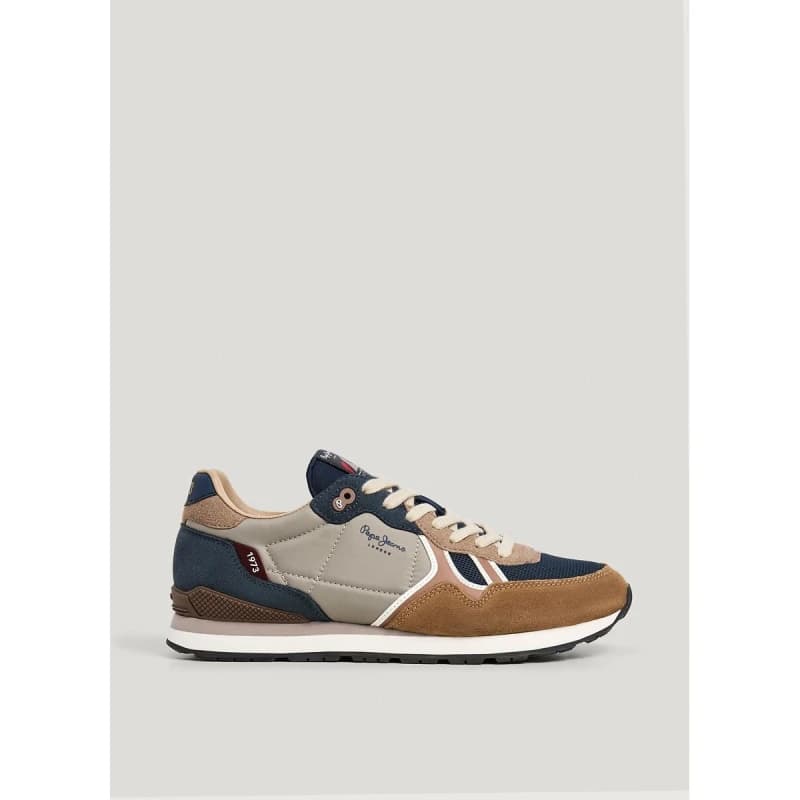 Pepe Jeans Brit Boost Mixed-Material Trainers Blue/Camel Polyester 42 (8)