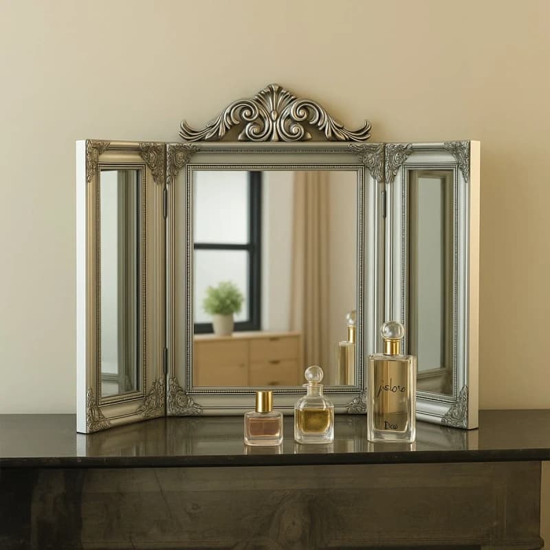 Melody Maison Ornate Silver Dressing Table Triple Mirror Metallic Silver