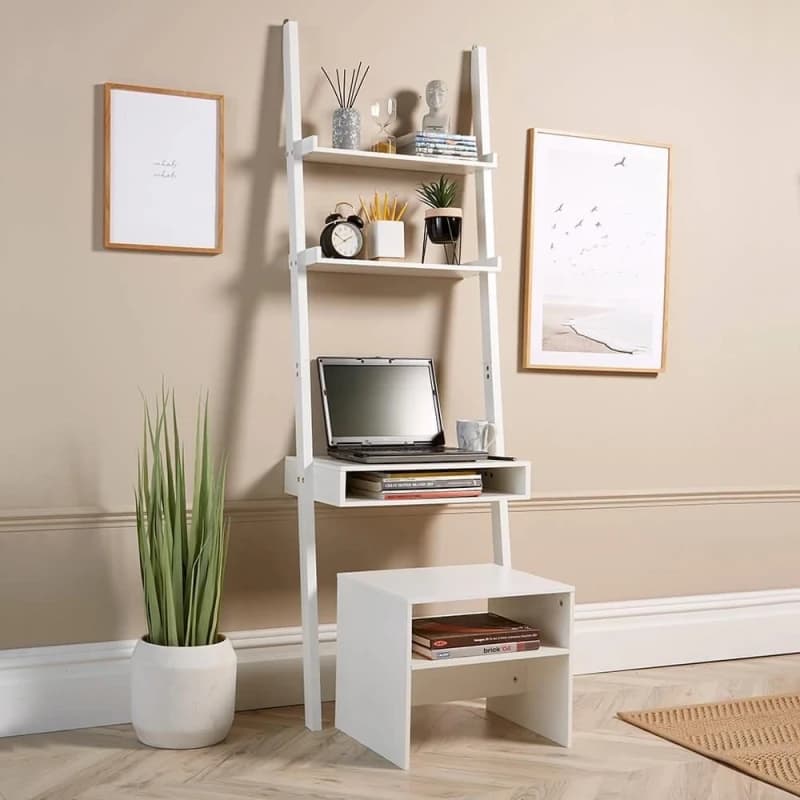 Home Source Ladder Shelf Laptop Office Desk And Stool Set White