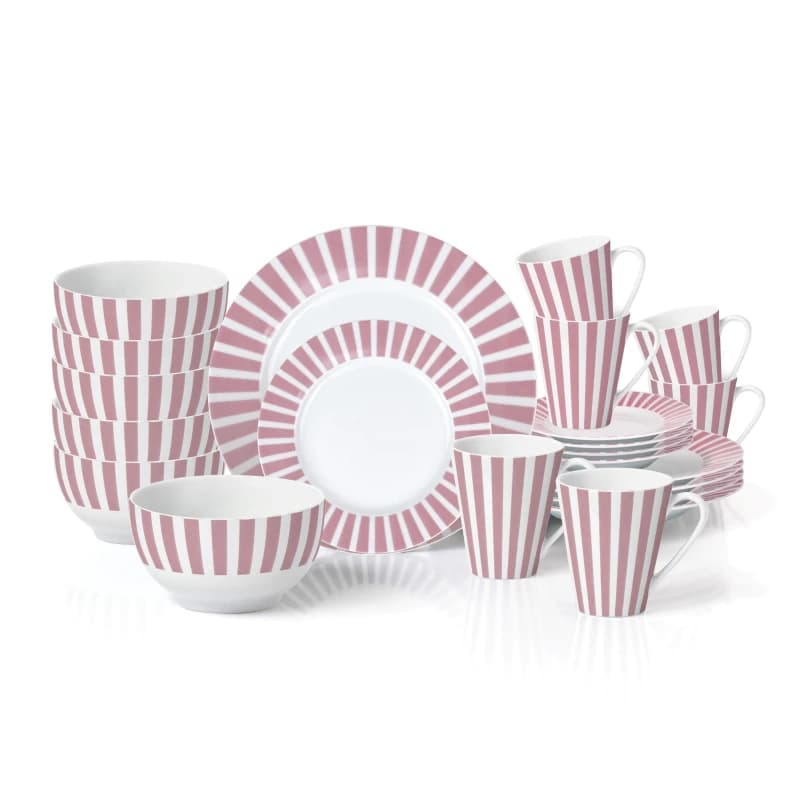Waterside 24pc Soft Pink Split Stripe Dinner Set, Pink 6298