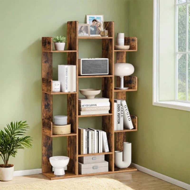 LEDREM Large Tree Bookshelf, Storage Shelf, Bookcase With Rounded Corners, Rustic Brown