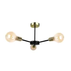 Sun Multi Arm Semi Flush Ceiling Light Black, Gold, 40cm, 3x E27
