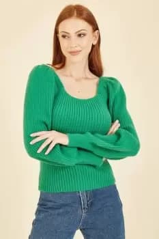 Green Knitted Square Neck Balloon Sleeve
