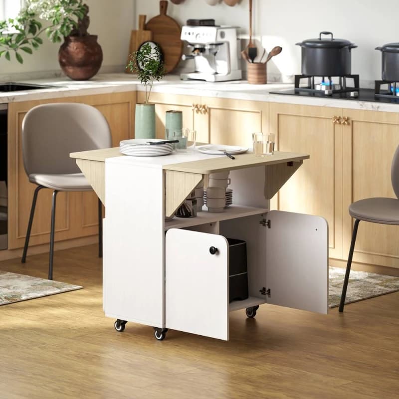 HOMCOM Folding Dining Table, Rolling Drop Leaf Table with Hidden Shelf in White White Unisex