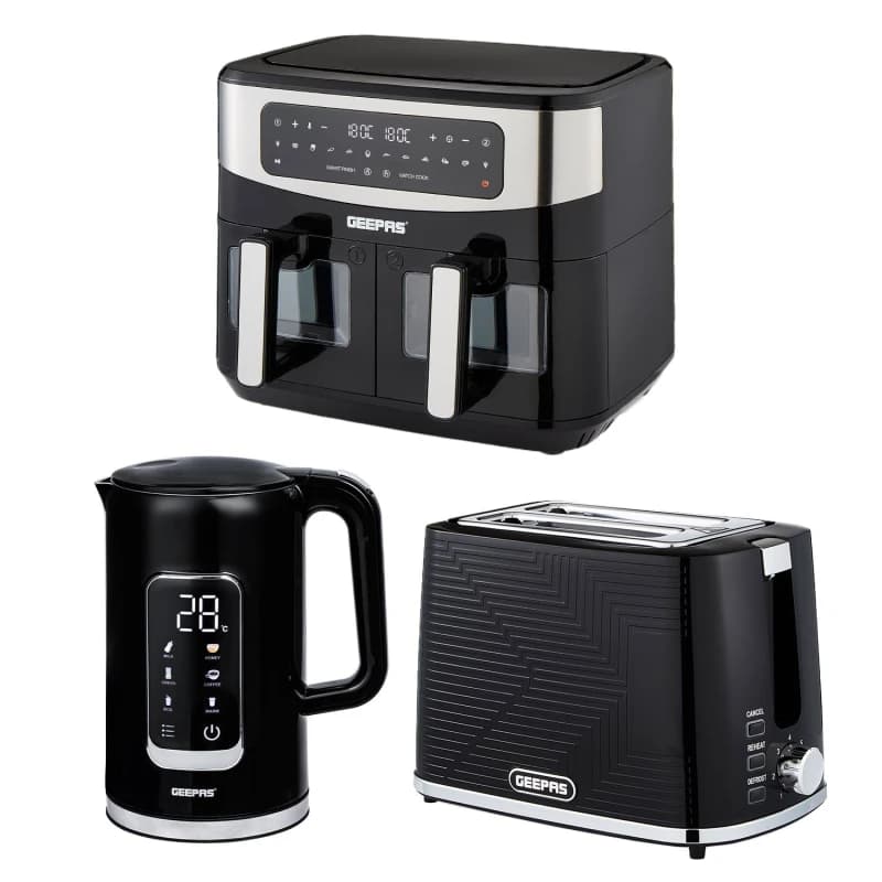 Geepas 1.7L Digital Electric Kettle 2 Slice Bread Toaster & 9L Dual Zone Air Fryer Kitchen Combo Set in Black Unisex